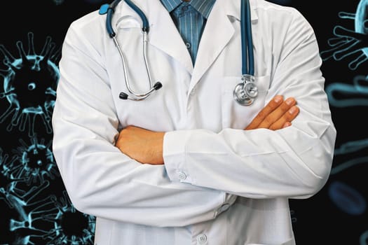 Male doctor on 3d generated COVID-19 background. Concept of corona virus.