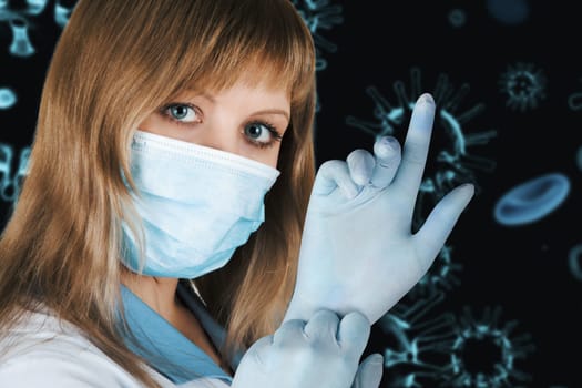Female doctor with medical mask on 3d generated COVID-19 background background.