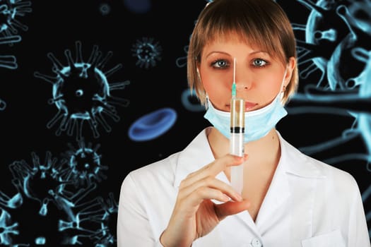 Female doctor with medical mask on COVID-19 3d generated background. Concept of corona virus.