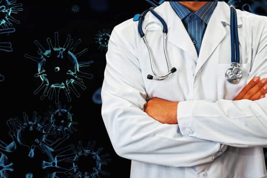 Male doctor on 3d generated COVID-19 background. Concept of corona virus.