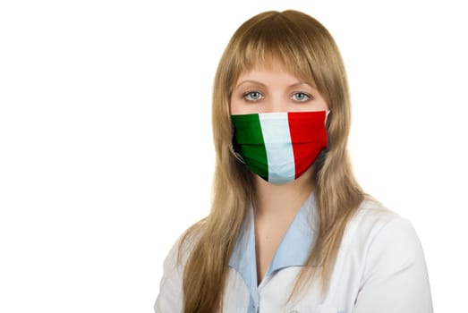 Closeup of a female healthcare professional nurse wearing a protection mask with Italy flag