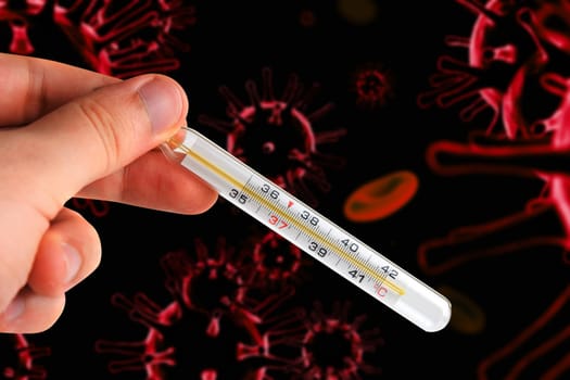 Hand with a medical thermometer on 3d generated COVID-19 background. Concept of corona virus.