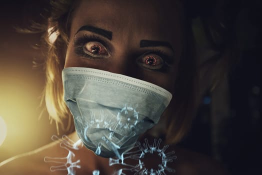 Horrible portrait of a sick woman on coronavirus background. Coronavirus disease concept.