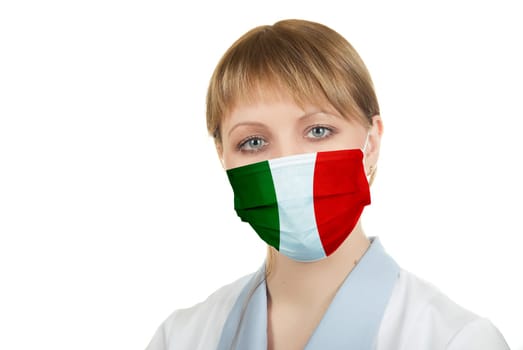 Closeup of a female healthcare professional nurse wearing a protection mask with Italy flag
