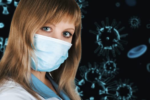 Female doctor with medical mask on 3d generated COVID-19 background background.