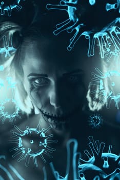 Horrible portrait of a sick woman on coronavirus background. Coronavirus disease concept.