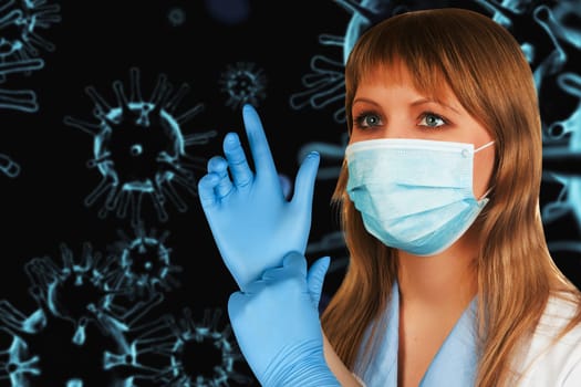 Female doctor with medical mask on 3d generated COVID-19 background background.