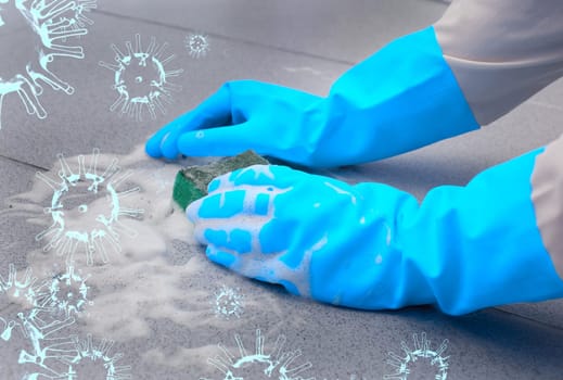 washing floor by cleaning sponge, prevention COVID-19