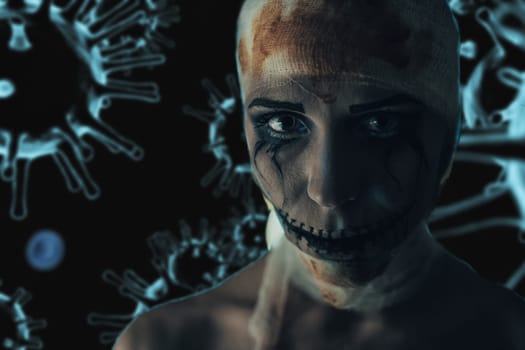 Horrible portrait of a sick woman on coronavirus background. Coronavirus disease concept.