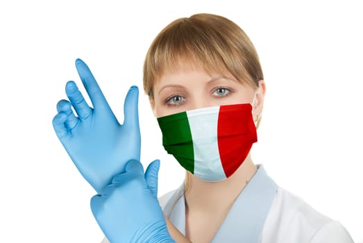 Closeup of a female healthcare professional nurse wearing a protection mask with Italy flag