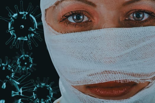 Woman with COVID-19 illustration on her pupils. Concept of infected COVID-19