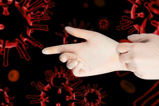 Hand in protective gloves on corona virus COVID-2019 background.