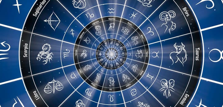 Blue astrological background. Concept of horoscope, mystery, magic, astrological sign. Nobody.