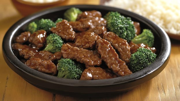 Savory beef and broccoli stir-fry served in a black bowl, highlighting the contrast between tender meat and crisp vegetables in a glossy sauce.