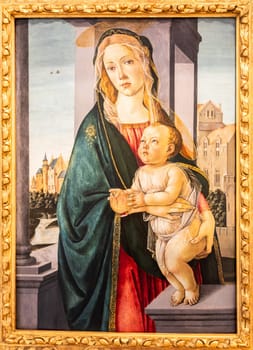 Turin, Italy - 12 December 2023: Madonna and Child, by Sandro Botticelli, ca 1490 - tempera on panel