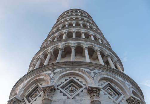 Pisa, Italy. Leaning tower sightseeing with blue sky background. Italian travel destination