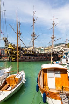 Genoa, Italy - 22 August 2024: pirate galleon Neptune, ship replica built in 1985 for Roman Polanski film Pirates