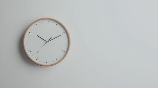 Simple, modern wall clock with wooden frame on light gray wall. Minimalist time concept with ample space for text or design.