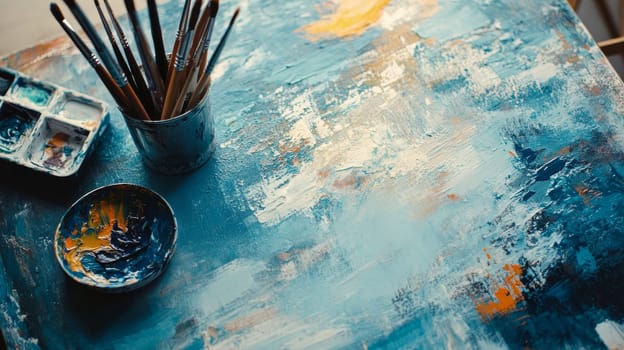 Artistic workspace with paintbrushes, palette, and abstract blue painting in progress. Creative studio setup showcasing tools and artwork.