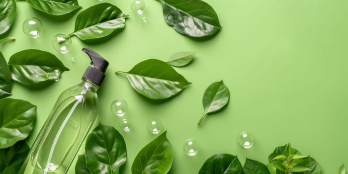 Spray bottle with green leaves in nature background, AI Generated