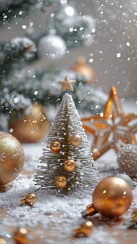 Christmas ornaments on snowy pine branches with festive bokeh background, AI Generated