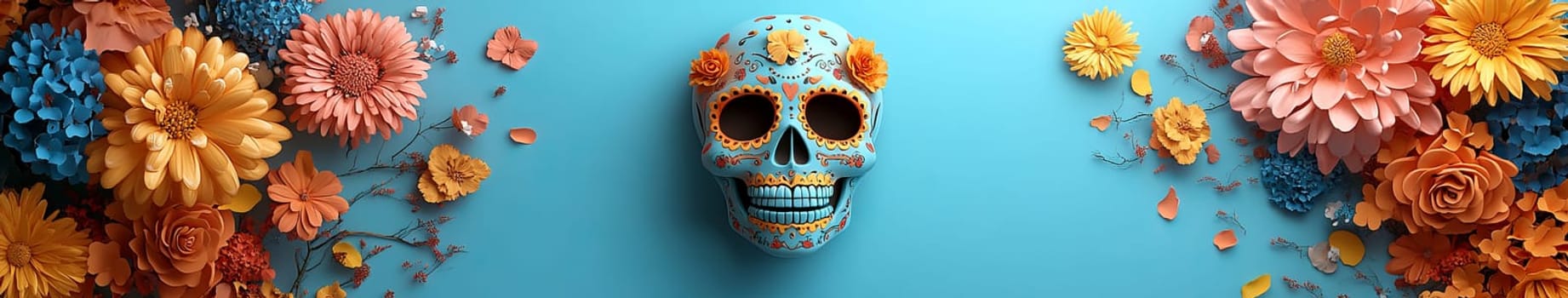Colorful sugar skull surrounded by vibrant flowers on color background, AI Generated