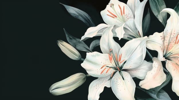 Condolences card with white lilies on black background, copy space, AI Generated
