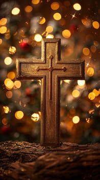Golden crucifix with bokeh light background, Christian concept, AI Generated