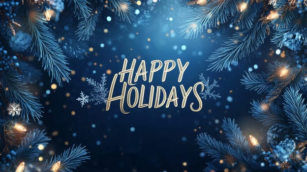 Snow-covered pine branches and bright holiday lights with Happy Holidays text, AI Generated