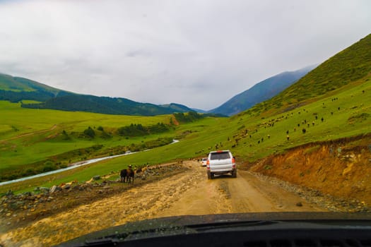cars driving down the dirt road at rainy summer day in mountains, view from drivers perspective.