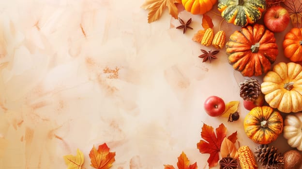 Thanksgiving background, pumpkin and autumn foliage, banner with copy space, holiday season