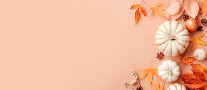 Thanksgiving background, pumpkin and autumn foliage, banner with copy space, holiday season