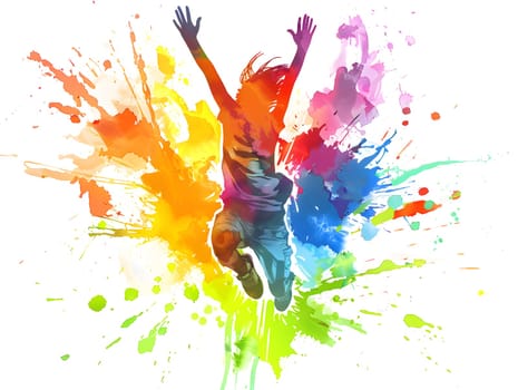A person leaping with arms up is captured in a dynamic watercolor style, with bright and colorful splashes creating a sense of joy and energy on a white background