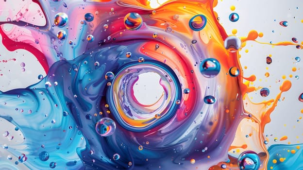 Abstract circle liquid motion flow explosion. Curved wave colorful pattern with paint drops on white background
