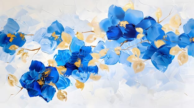 abstract floral oil painting gold and blue hydrangea flower on white background