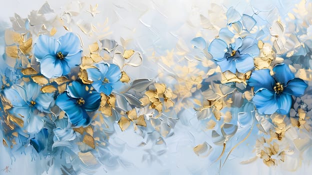 abstract floral oil painting gold and blue hydrangea flower on white background