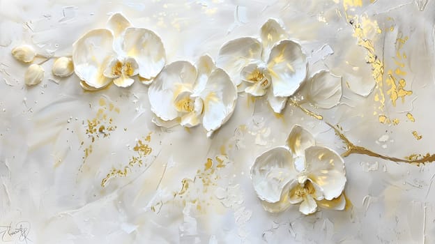 abstract floral oil painting gold and blue hydrangea flower on white background