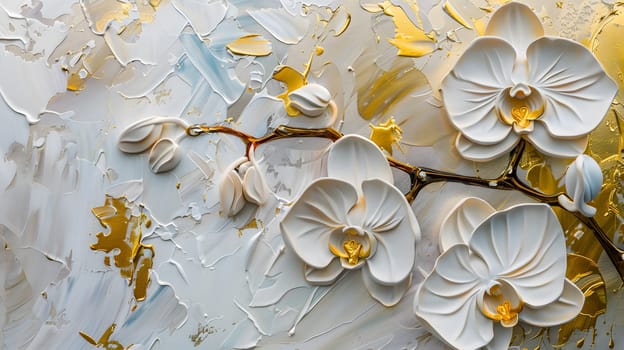 abstract floral oil painting gold and blue hydrangea flower on white background