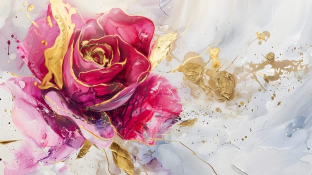 abstract floral oil painting gold and blue hydrangea flower on white background