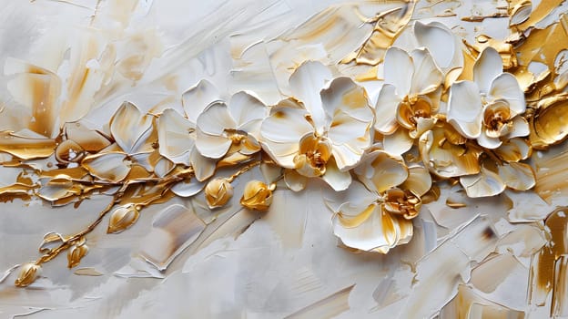 abstract floral oil painting gold and blue hydrangea flower on white background