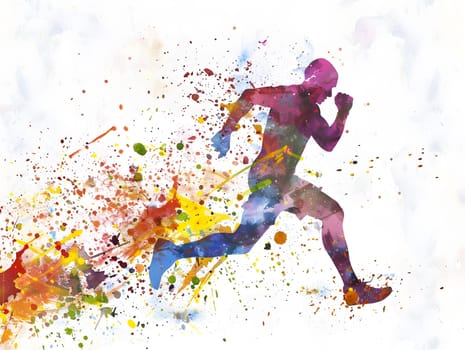 watercolor illustration features a runner in mid-stride, with bold splashes of blue, orange, and yellow hues adding to the intensity of the scene on a white background.