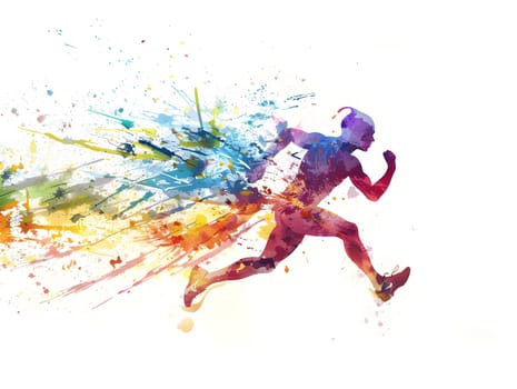 watercolor illustration features a runner in mid-stride, with bold splashes of blue, orange, and yellow hues adding to the intensity of the scene on a white background.