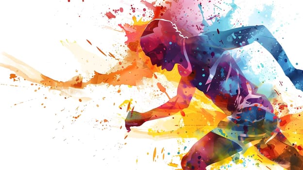 watercolor illustration features a runner in mid-stride, with bold splashes of blue, orange, and yellow hues adding to the intensity of the scene on a white background.
