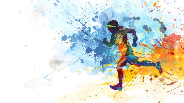 watercolor illustration features a runner in mid-stride, with bold splashes of blue, orange, and yellow hues adding to the intensity of the scene on a white background.