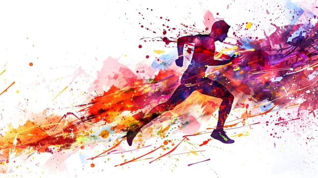 watercolor illustration features a runner in mid-stride, with bold splashes of blue, orange, and yellow hues adding to the intensity of the scene on a white background.