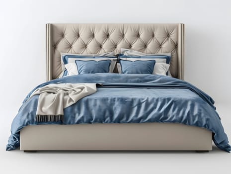 Bed with blue and beige bedding. Boho farmhouse interior