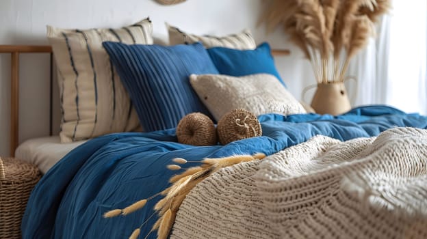 Bed with blue and beige bedding. Boho farmhouse interior