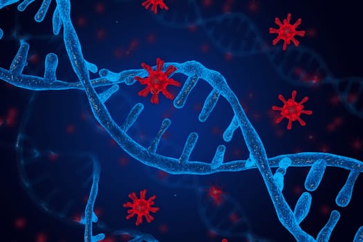 3D illustration of DNA and coronavirus disease infection COVID-2019 in microscope. Concept of virus integrates into the human cellular mechanism.