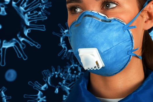Female with protective mask on COVID-19 background.