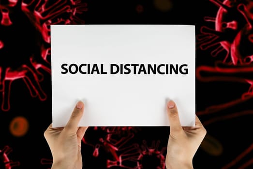 Hand keep sign Social Distancing on 3D illustration of coronavirus background